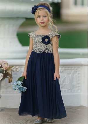 Gold Lace Navy Blue Tulle Ankle Length Flower Girl Dress
